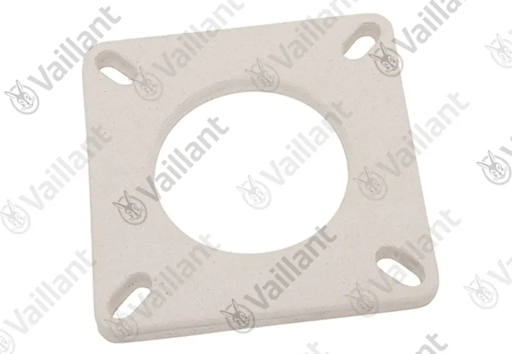Vaillant Dichtung in quadratischer Form mit mittlerem Loch und Befestigungslöchern in den Ecken, geeignet für Verbindungen in Heizsystemen.
